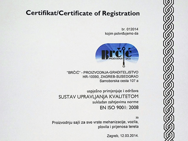 Sajle Brčić ISO 9001 Certifikat